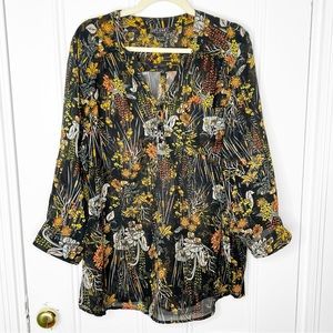 Just One Spring Floral Print Long Sleeve Button V- Neck Blouse Plus Size XXL 2XL